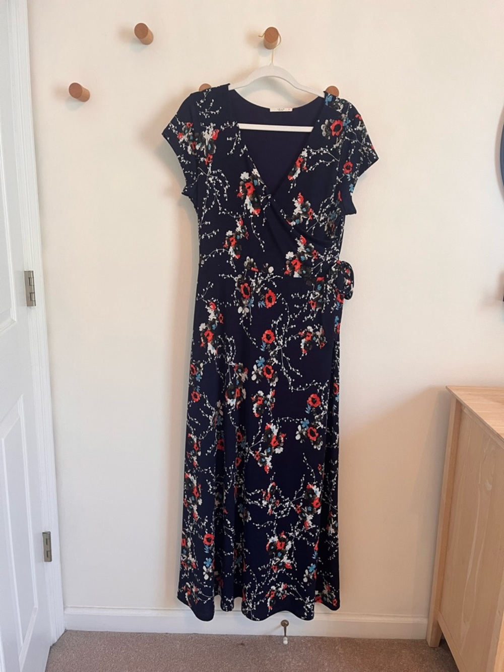 Le Lis Navy Floral Wrap Maxi Dress with Red & White Accents